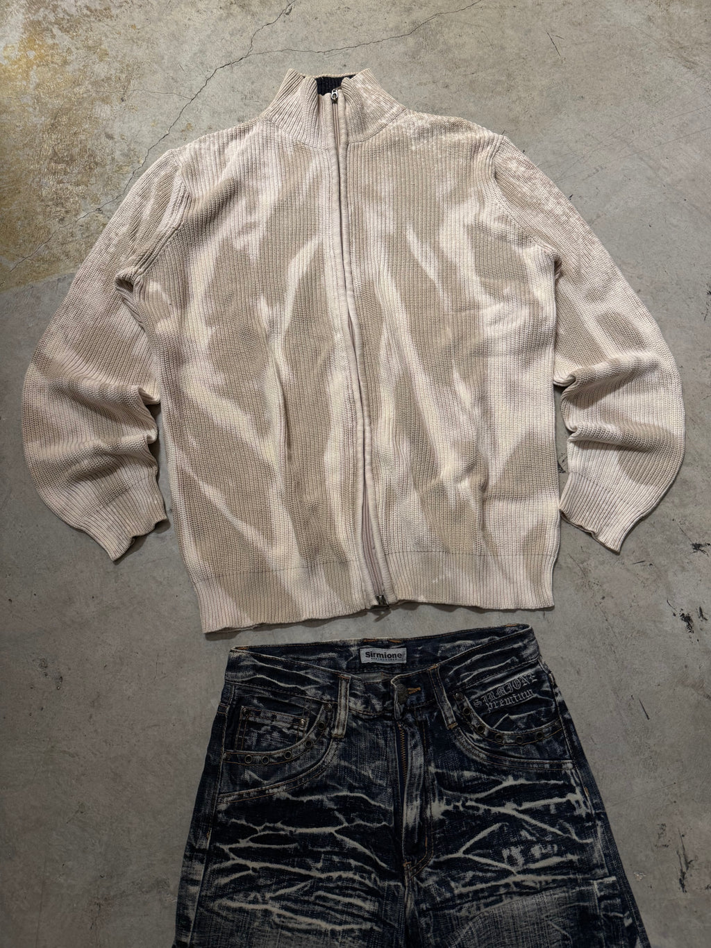 Vintage Full zip Up Knitted Bleached Sweater custom (L)