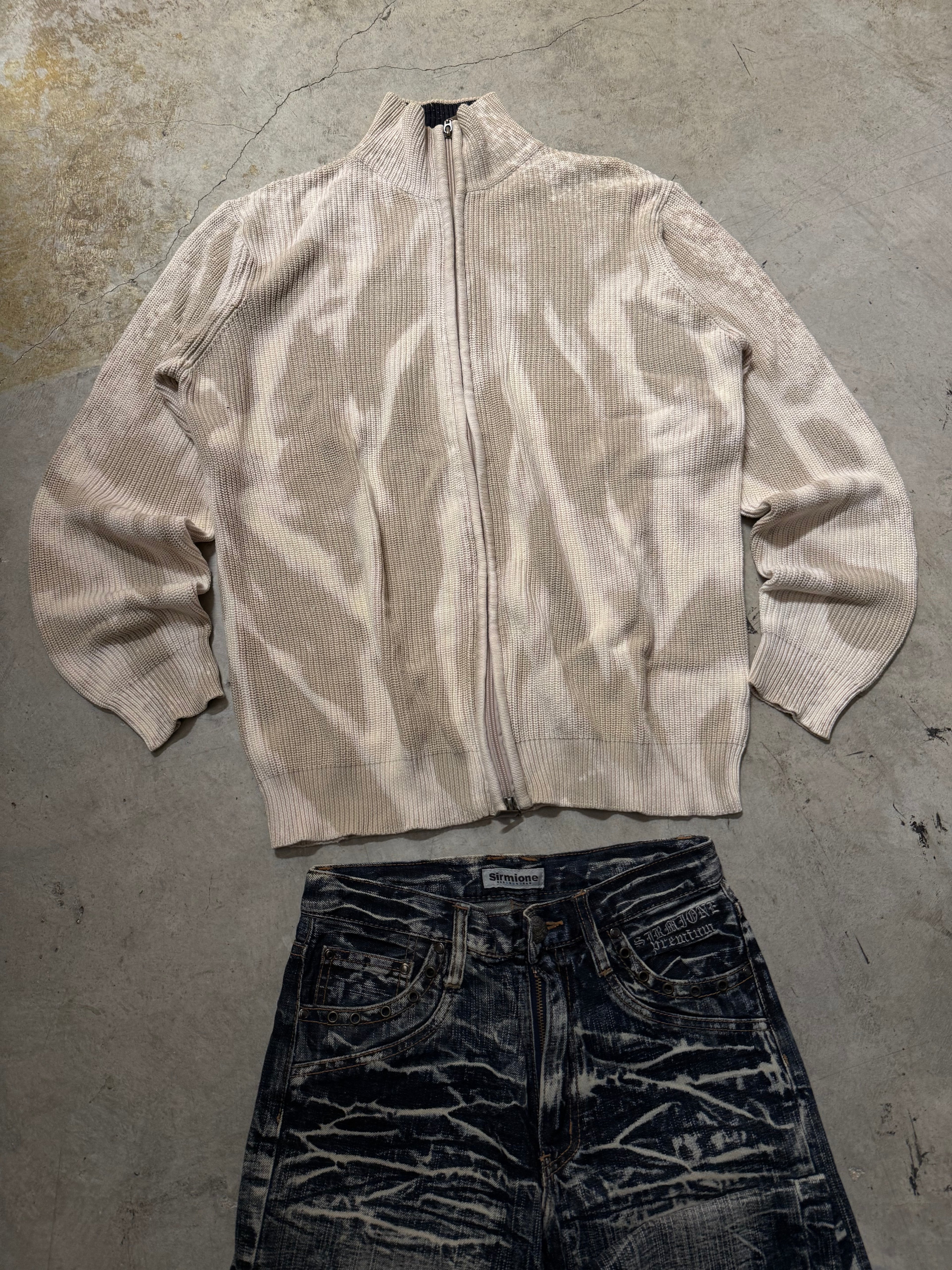 Vintage Full zip Up Knitted Bleached Sweater custom (L)