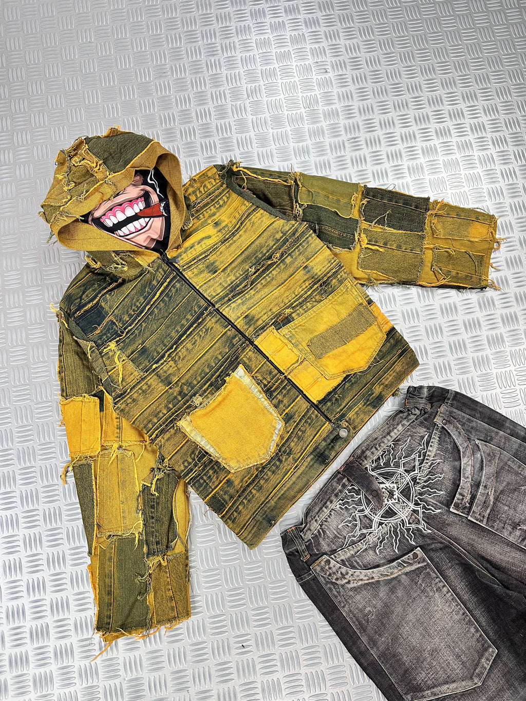 Hooded bomber jacket handmade boxy fit upcycled patchwork