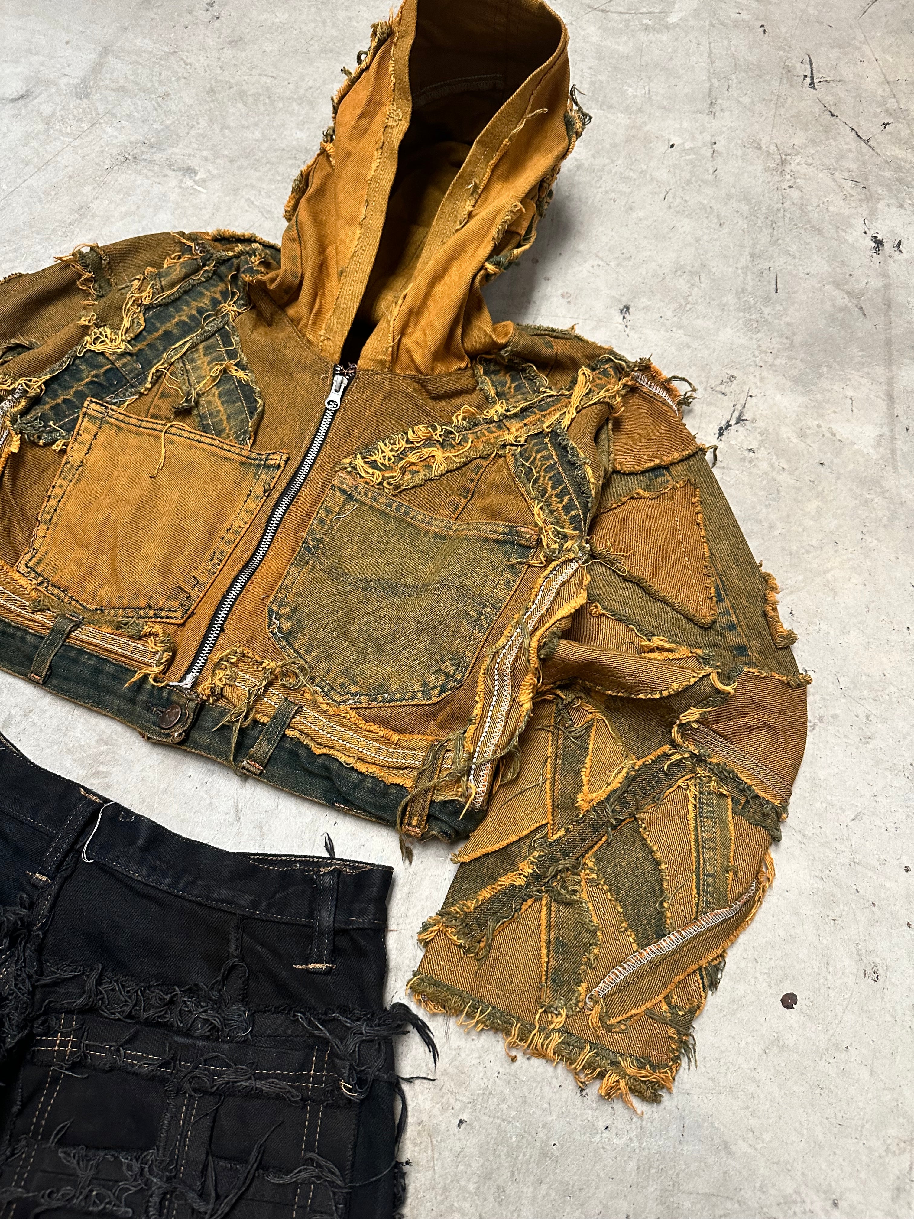 Vintage Patchwork y2k Hip Hop Hooded full zip Up Jacket 00s Dry