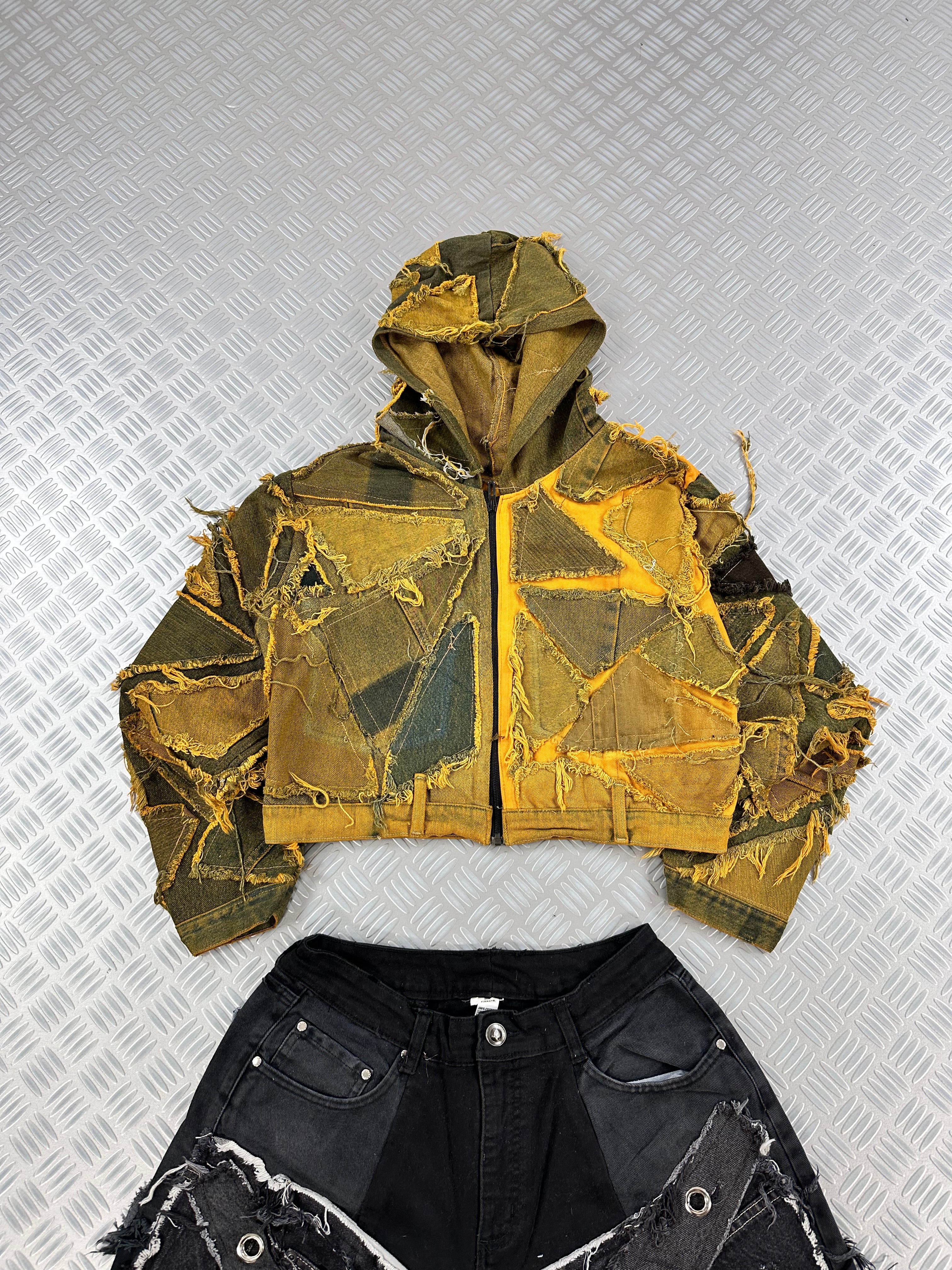 Vintage Hip Hip y2k Hooded full zip Up crop Jacket 2000s patchwork