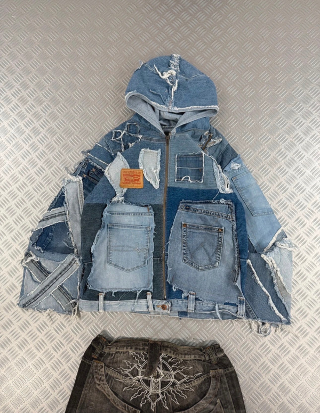 Vintage Denim Jacket Hooded full zip Up Patchwork handmade