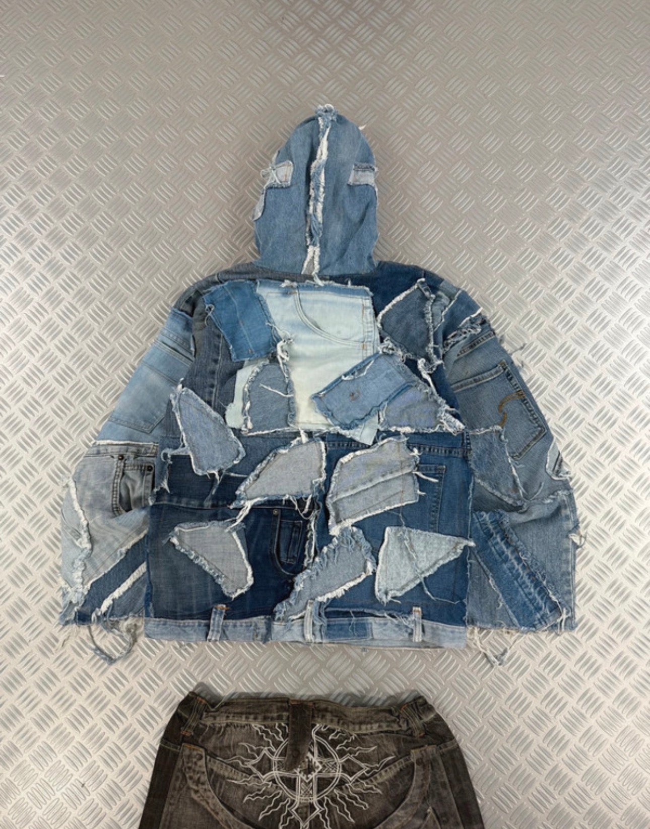 Vintage Denim Jacket Hooded full zip Up Patchwork handmade